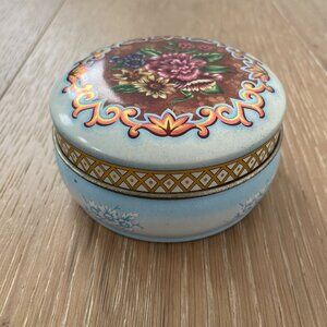 Daher Vintage Trinket Box Decorated Ware Floral Metal Tin Round Blue England